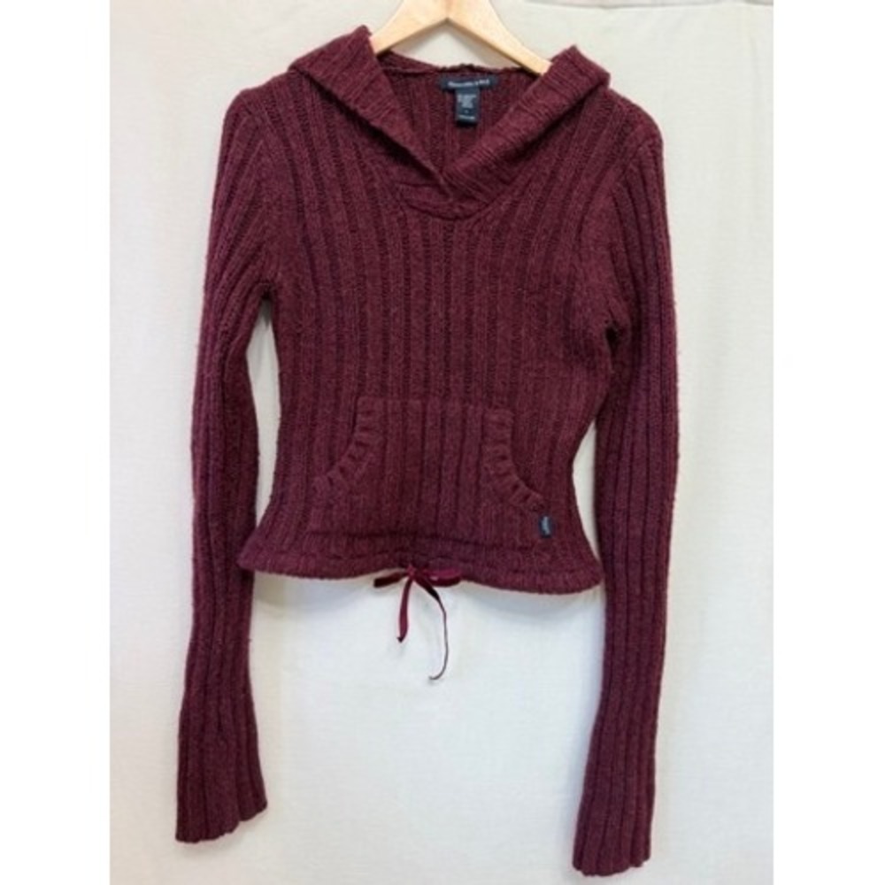 Vintage Y2K Abercrombie & Fitch Lambswool Hooded Sweater L Burgundy Velvet Tie